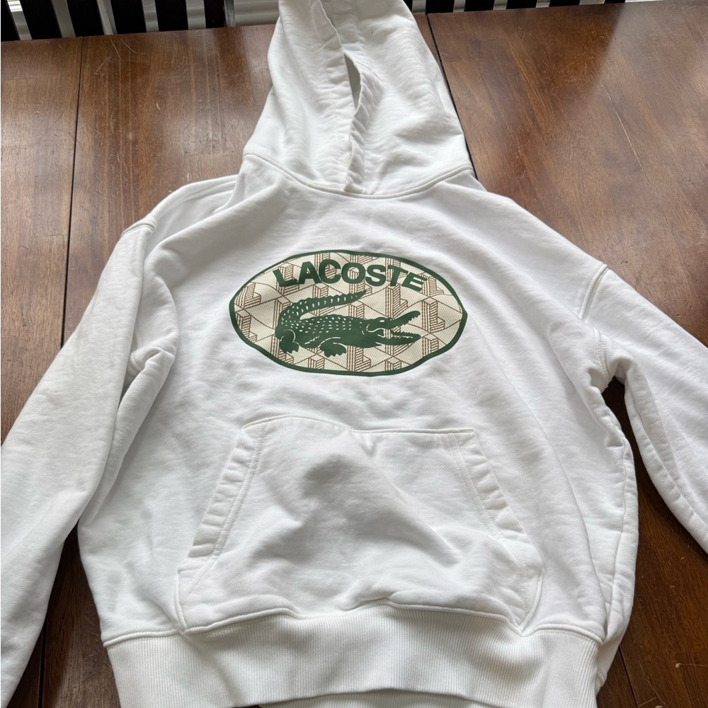 Used Lacoste White Hoodie with Iconic Green Accent